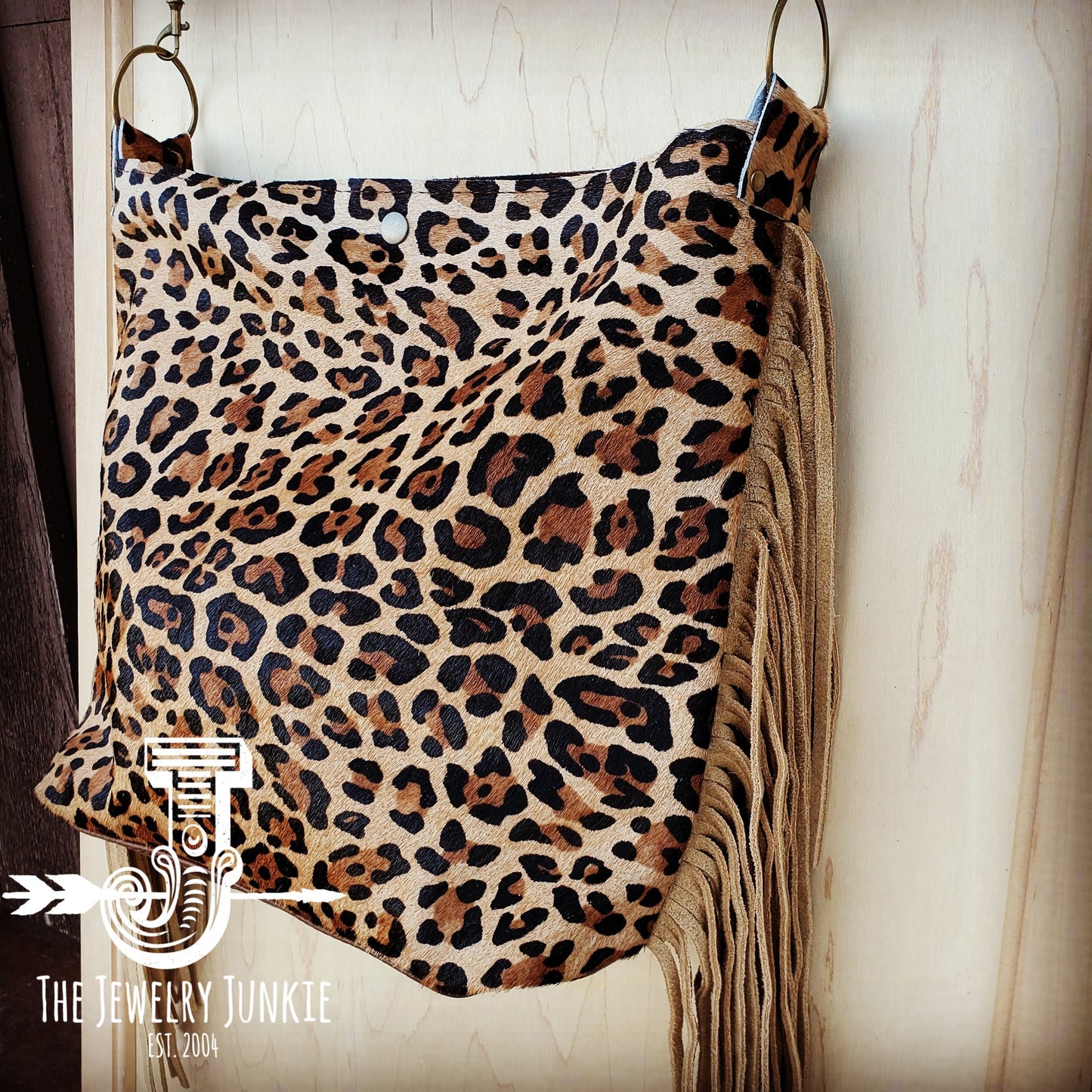 Tejas Leather Bucket Leopard Handbag with Tan Fringe 505h