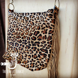 Tejas Leather Bucket Leopard Handbag with Tan Fringe 505h