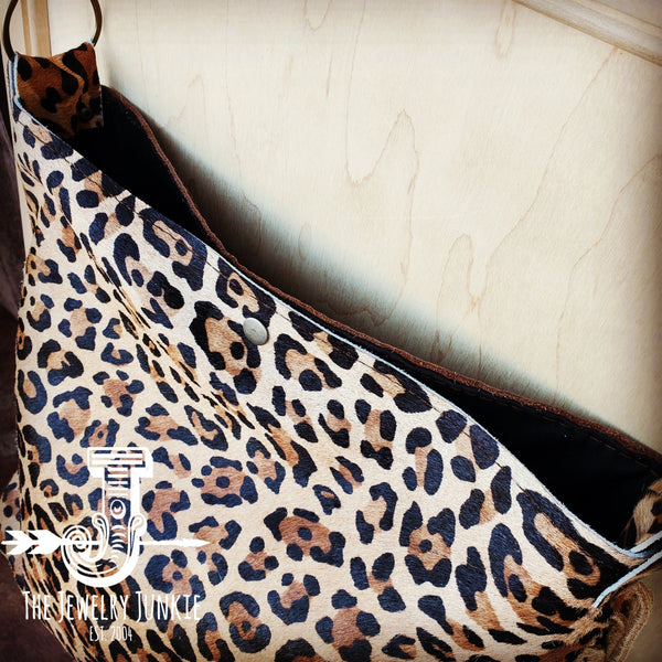 Tejas Leather Bucket Leopard Handbag with Tan Fringe 505h