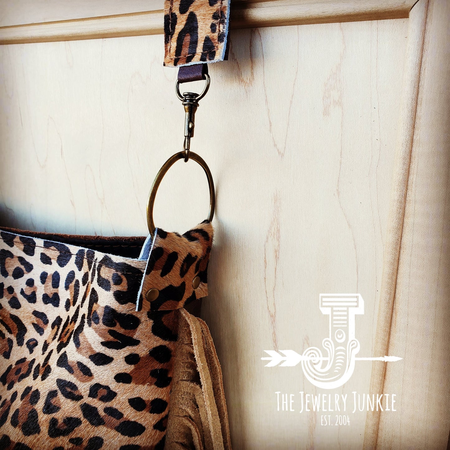 Tejas Leather Bucket Leopard Handbag with Tan Fringe 505h