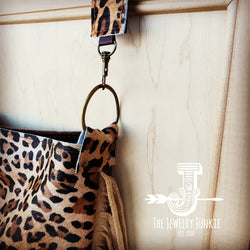 Tejas Leather Bucket Leopard Handbag with Tan Fringe 505h
