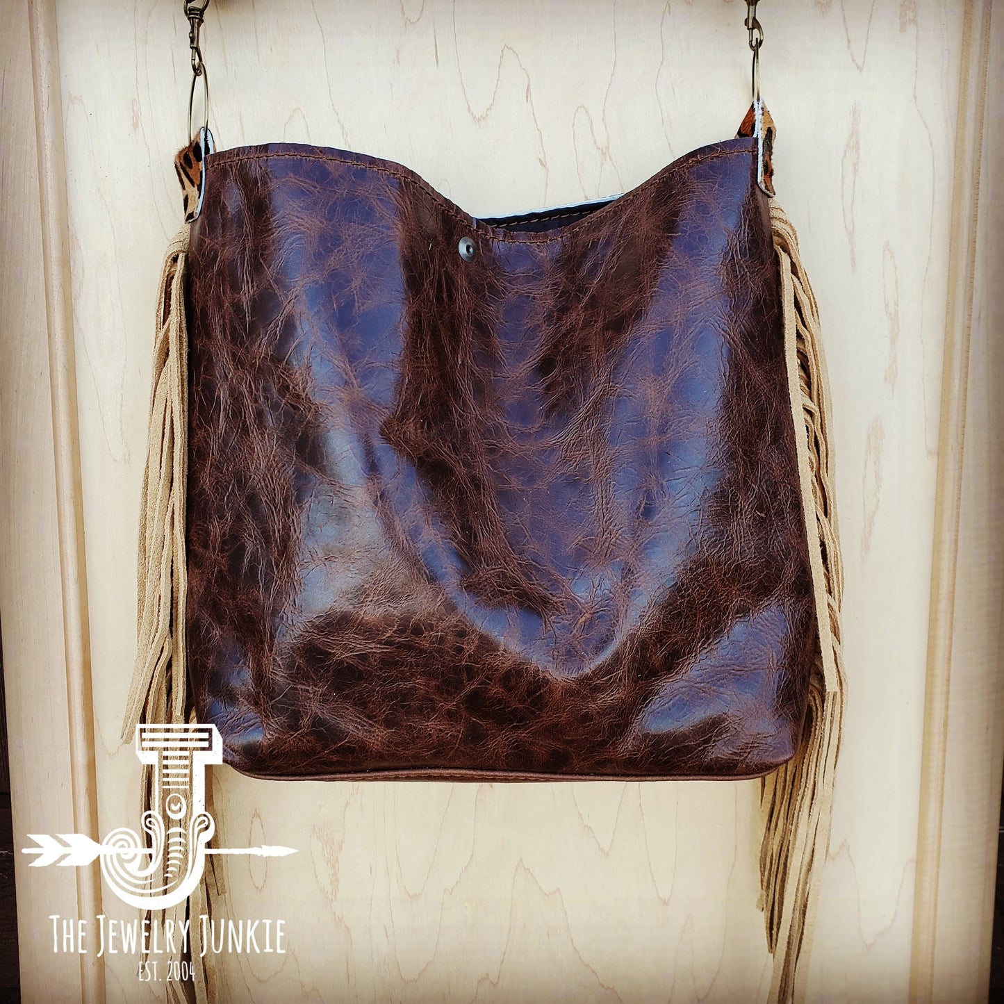 Tejas Leather Bucket Leopard Handbag with Tan Fringe 505h