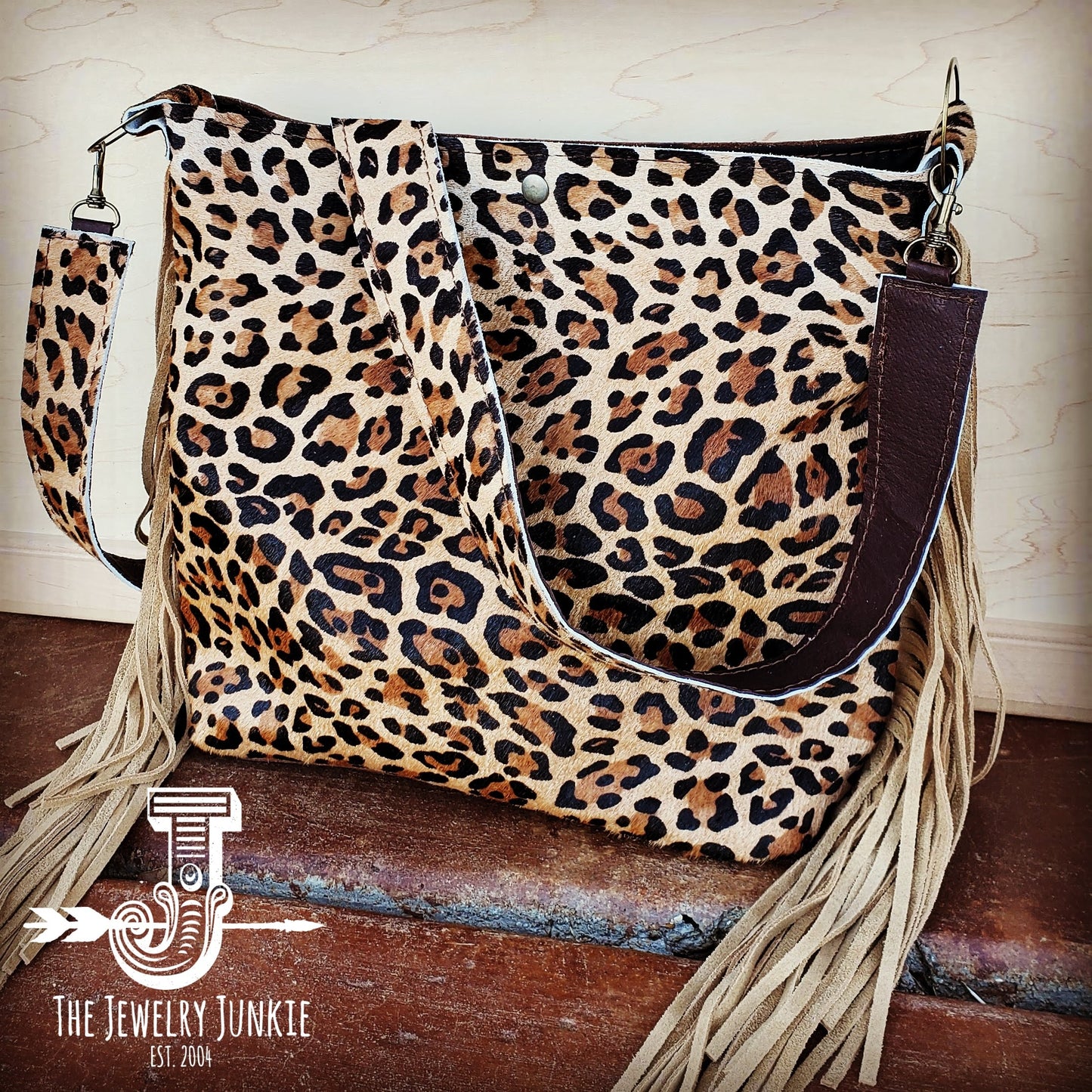 Tejas Leather Bucket Leopard Handbag with Tan Fringe 505h