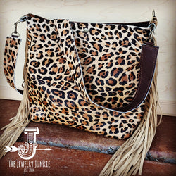 Tejas Leather Bucket Leopard Handbag with Tan Fringe 505h