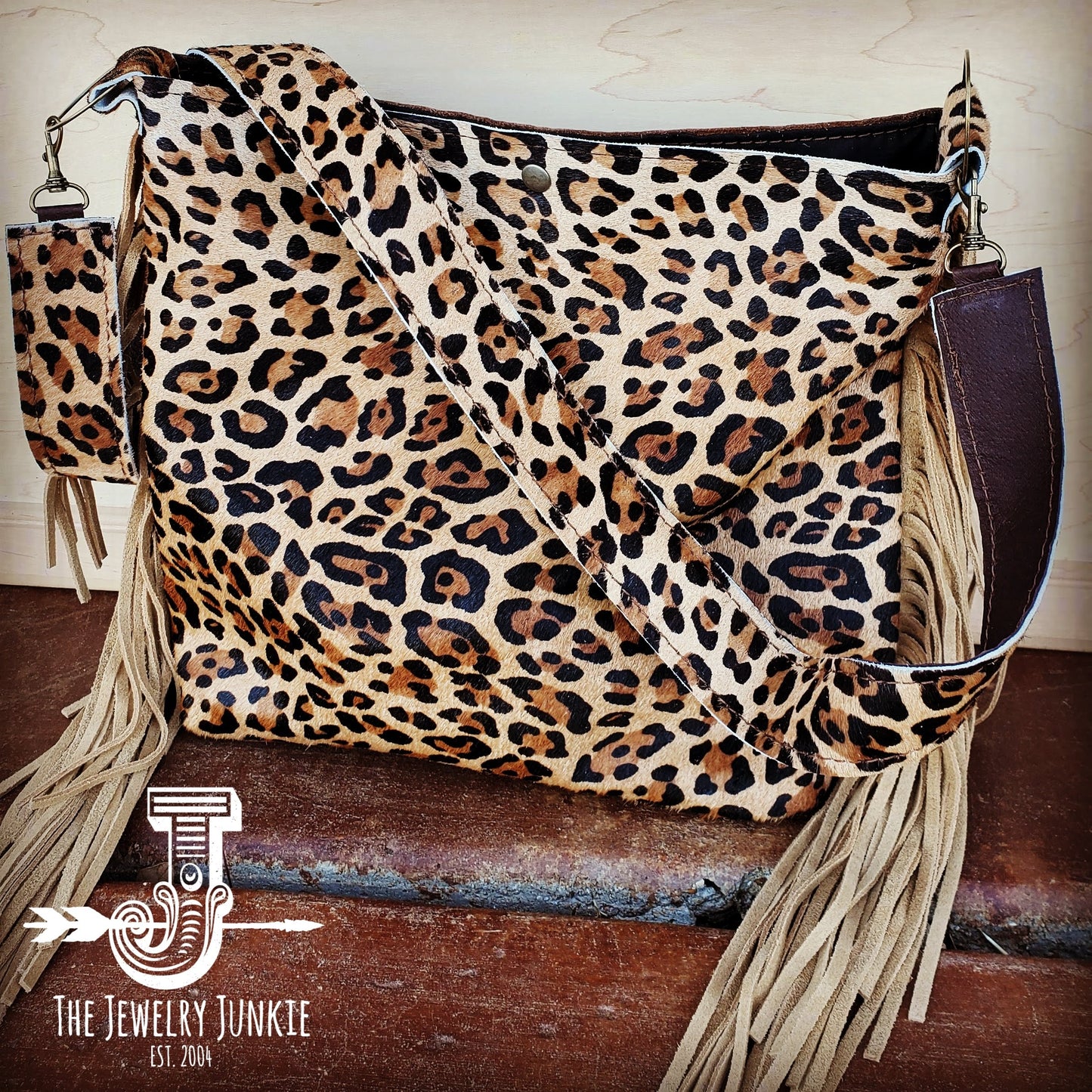 Tejas Leather Bucket Leopard Handbag with Tan Fringe 505h