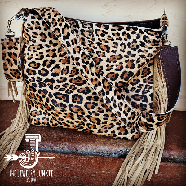 Tejas Leather Bucket Leopard Handbag with Tan Fringe 505h