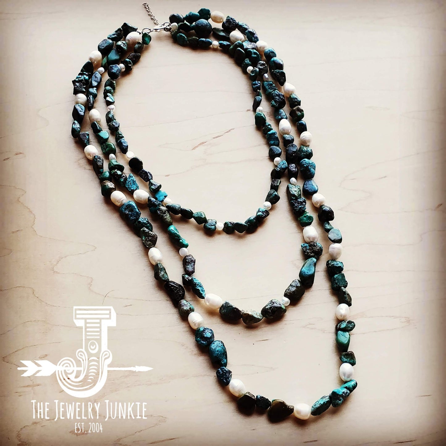 *Natural Turquoise and Freshwater Pearl Triple Strand Necklace 251w