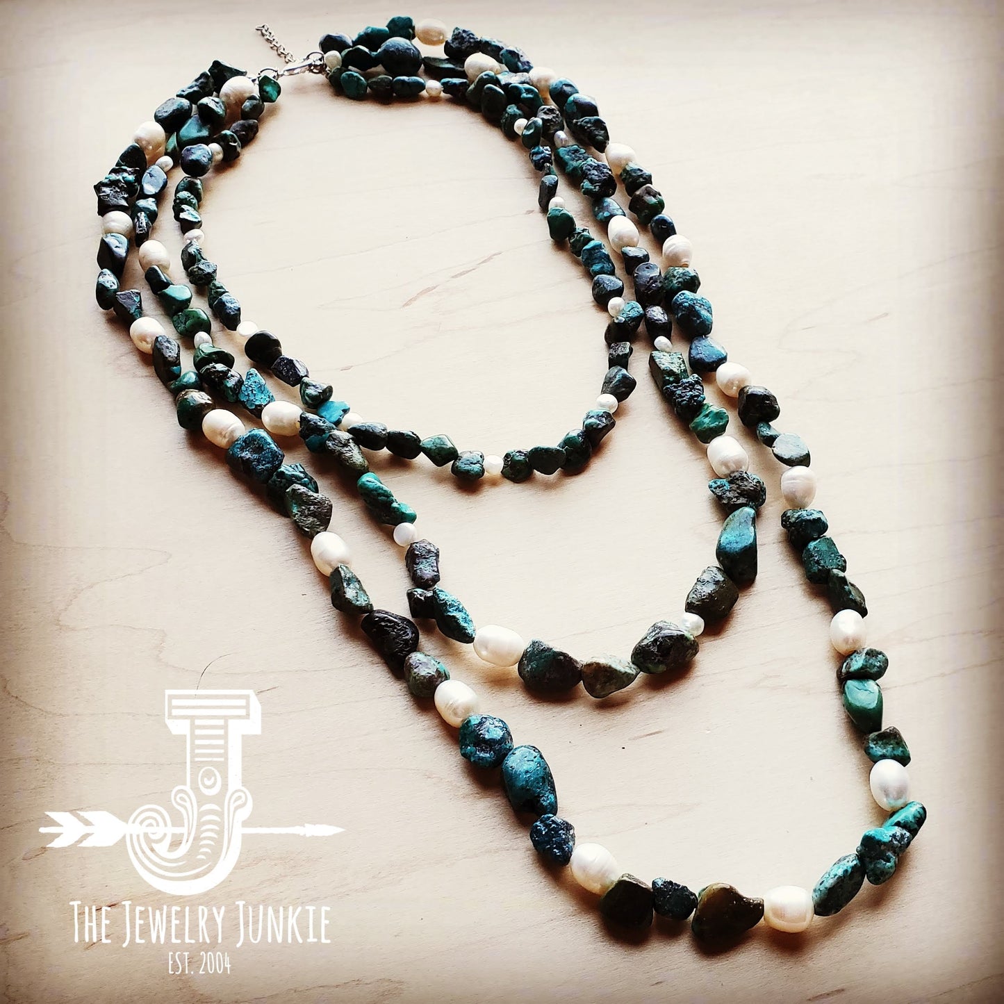 *Natural Turquoise and Freshwater Pearl Triple Strand Necklace 251w