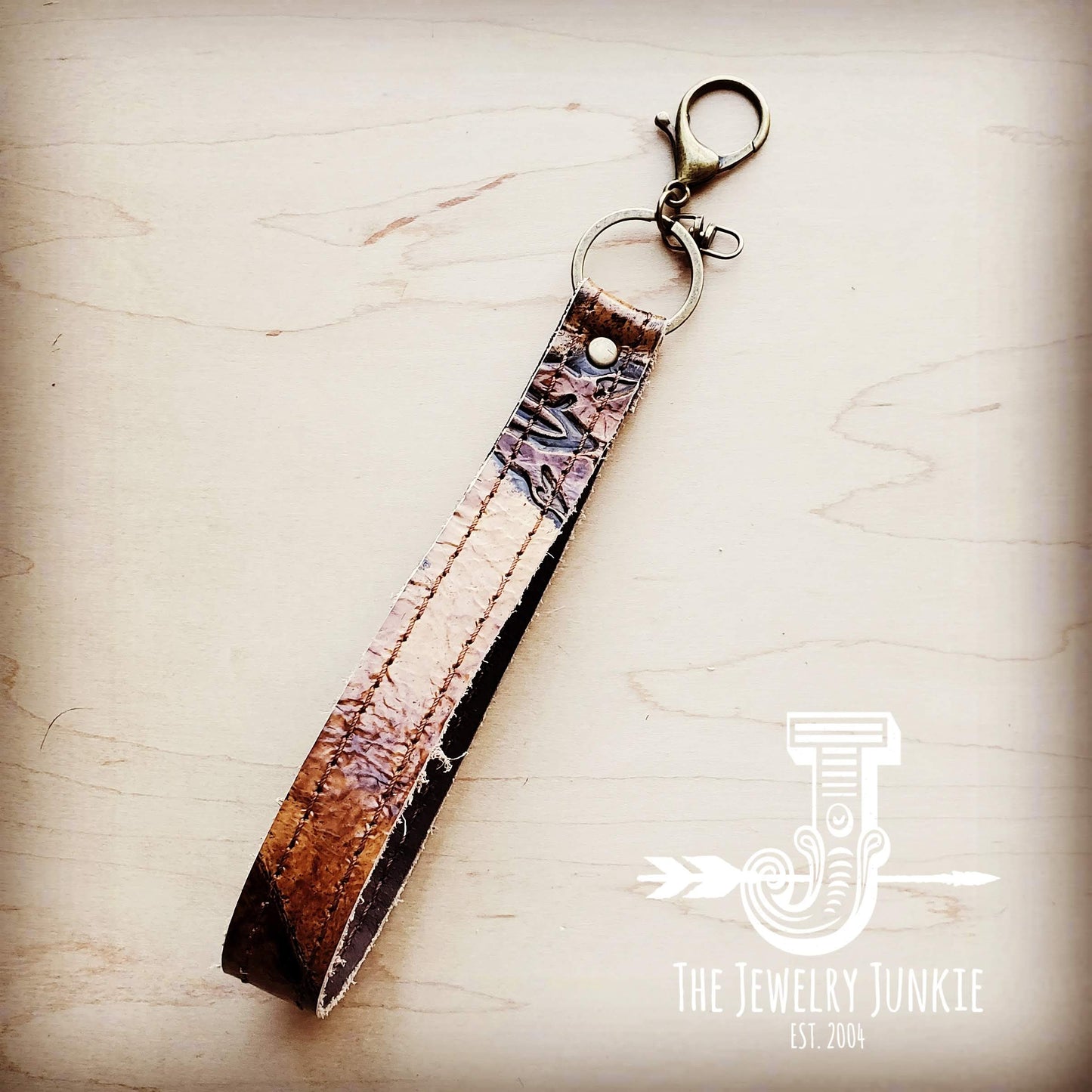 *Embossed Leather Key Chain Strap Tan Steer 701a