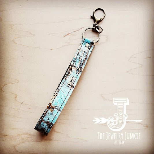 Embossed Leather Key Chain Strap Turquoise Metallic 701h