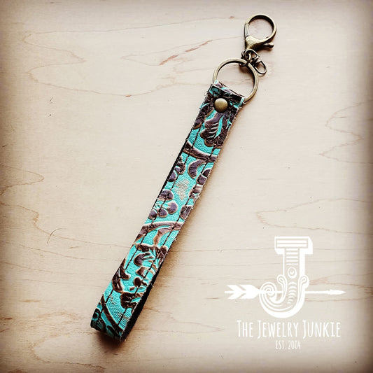 Embossed Leather Key Chain Strap Cowboy Turquoise 701f