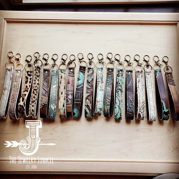 **Embossed Leather Key Chain Strap Turquoise Feather 701e