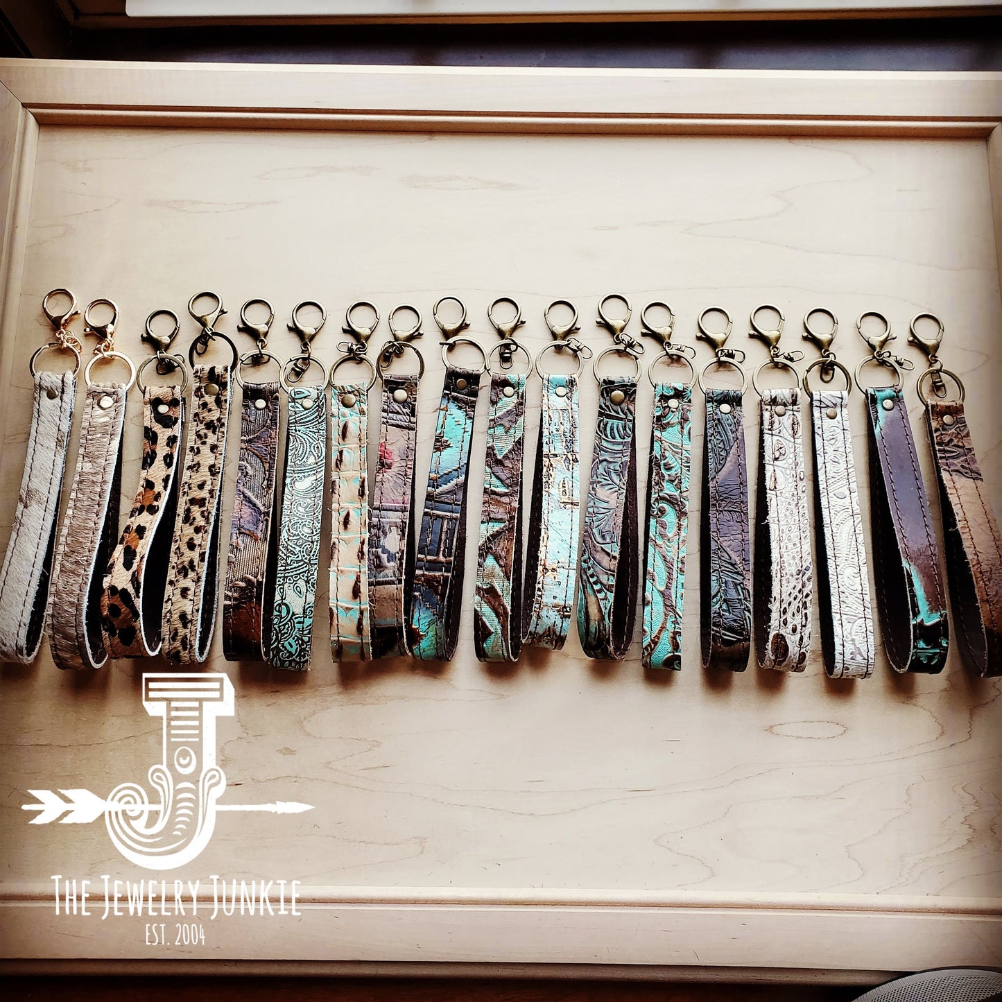 Embossed Leather Key Chain Strap Turquoise Metallic 701h