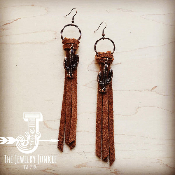 **Suede Leather Tassel Earrings w/ Cactus Charm 204a