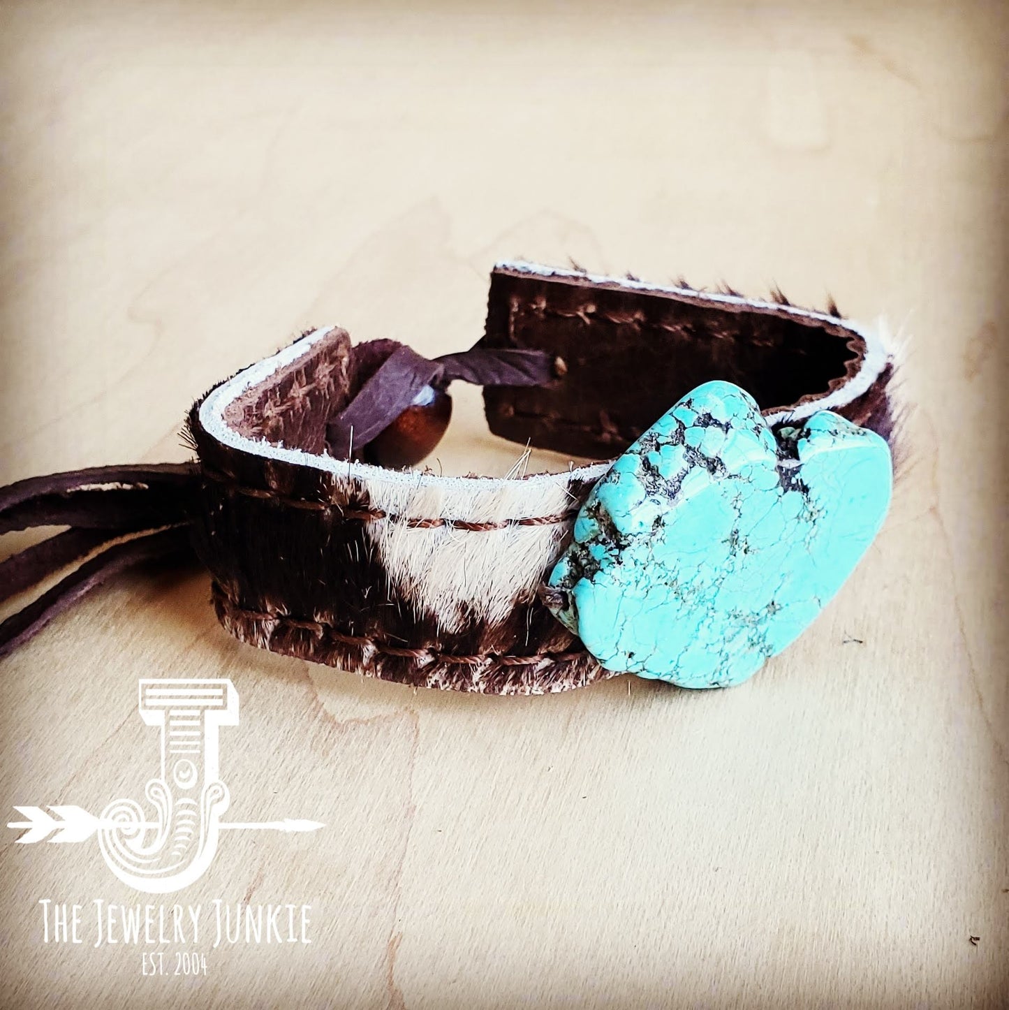 Narrow Leather Cuff w/ Turquoise Slab-Brindle Hide 002n