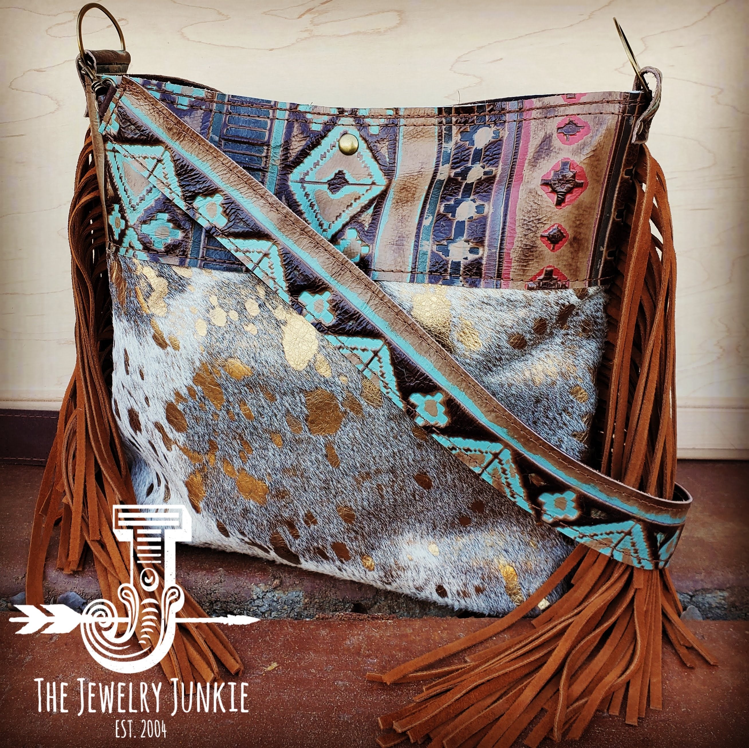 Cowhide fringe western turquoise crossbody