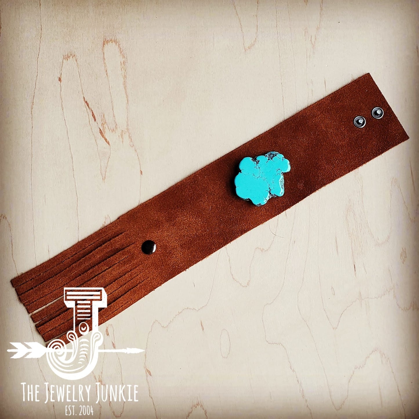Tan Suede Leather Cuff w/ Fringe and Turquoise Slab (002o)