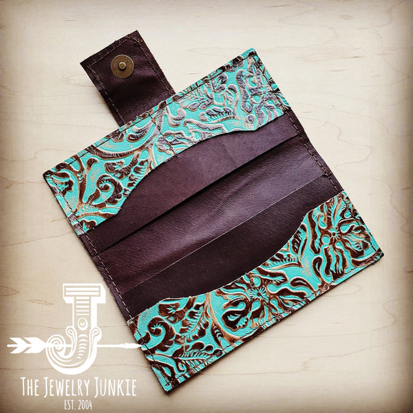 Embossed Leather Wallet in Cowboy Turquoise w/ Snap 301q