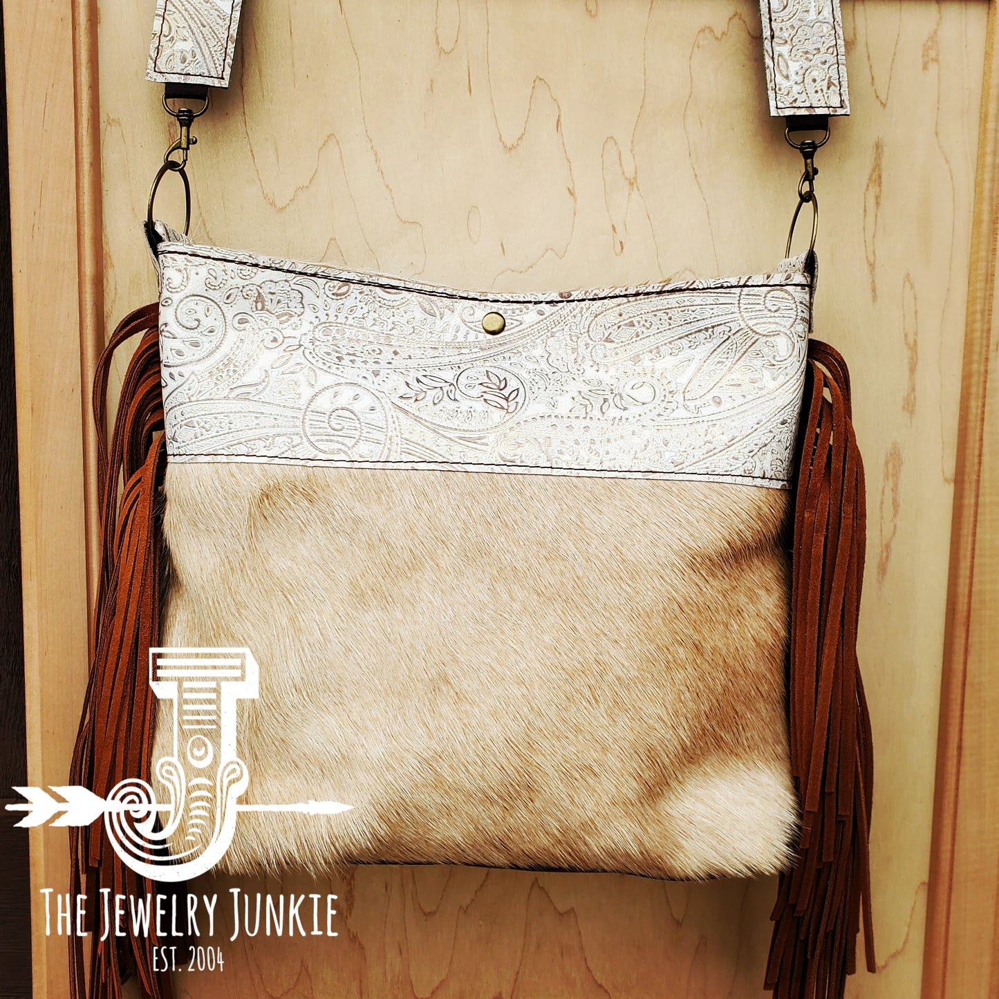 Tejas Leather Bucket Hide Handbag with Oyster Paisley Accent 505k