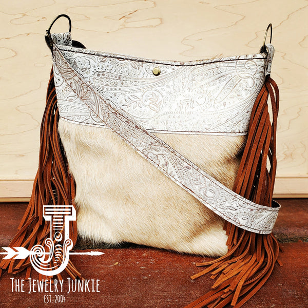 Tejas Leather Bucket Hide Handbag with Oyster Paisley Accent 505k