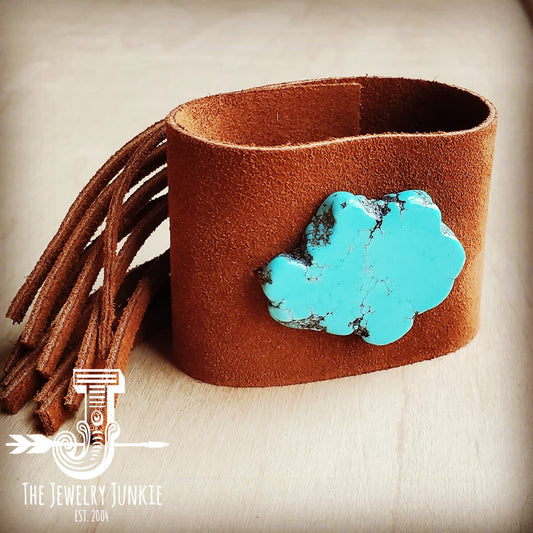 **Tan Suede Leather Cuff w/ Fringe and Turquoise Slab (002o)