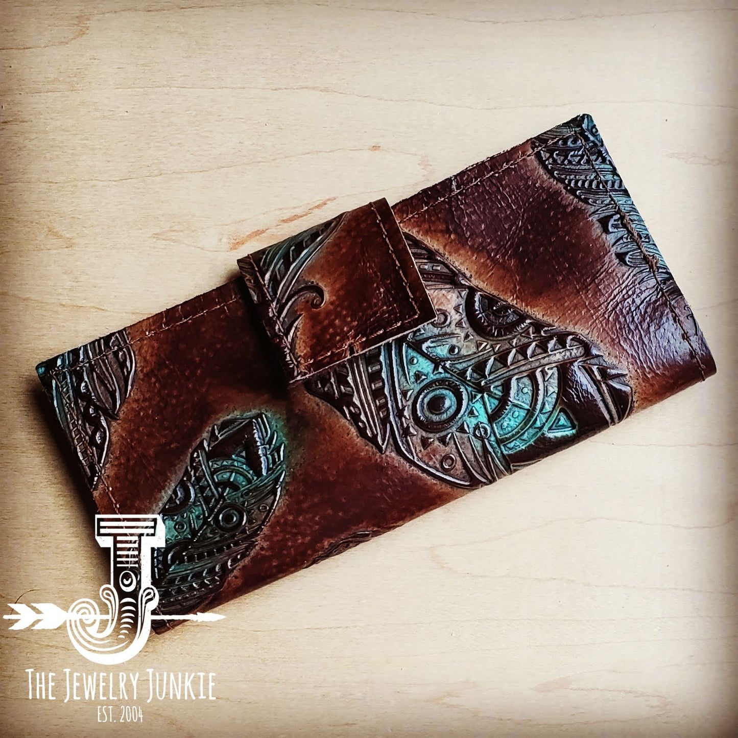 *Turquoise Feather Embossed Leather Wallet with Snap 301v