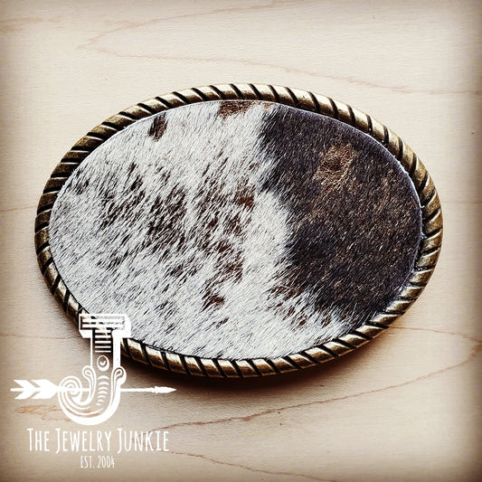 Rope Edge Mixed Metallic Hair on Hide Leather Belt Buckle 902c