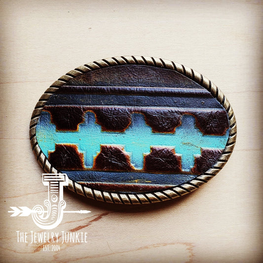 Rope Edge Blue Navajo Leather Belt Buckle