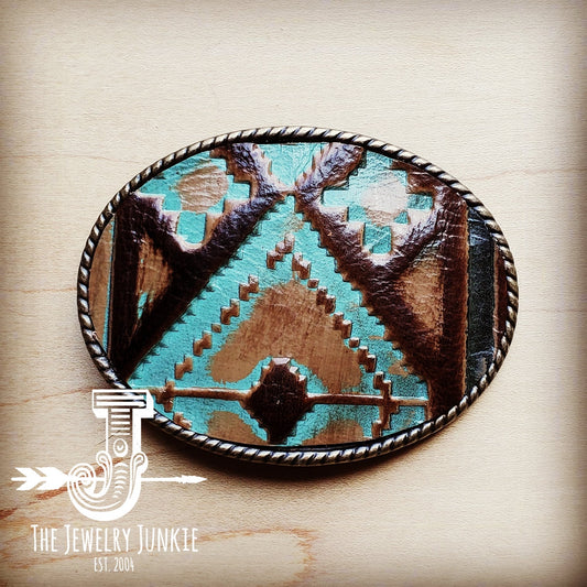 Rope Edge Turquoise Navajo Leather Belt Buckle 901q