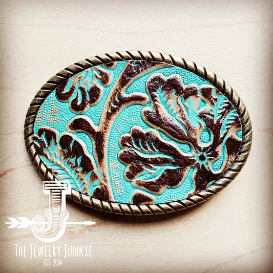 Rope Edge Cowboy Turquoise Leather Belt Buckle
