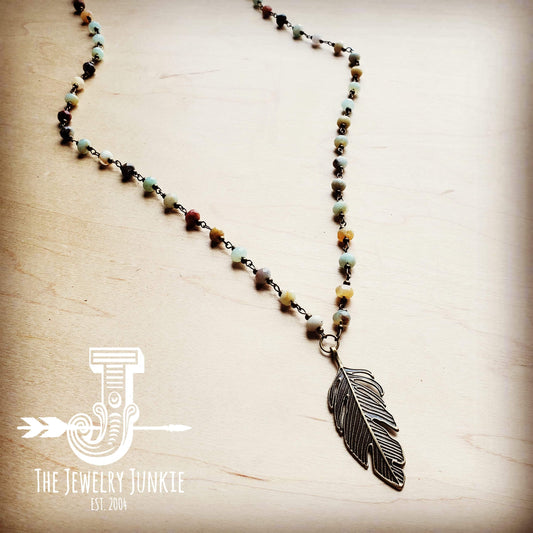 Amazonite Long Beaded Necklace with Antique Gold Feather 251x