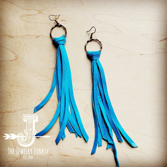 **Deer Skin Leather Tassel Earring-Dark Turquoise 204w