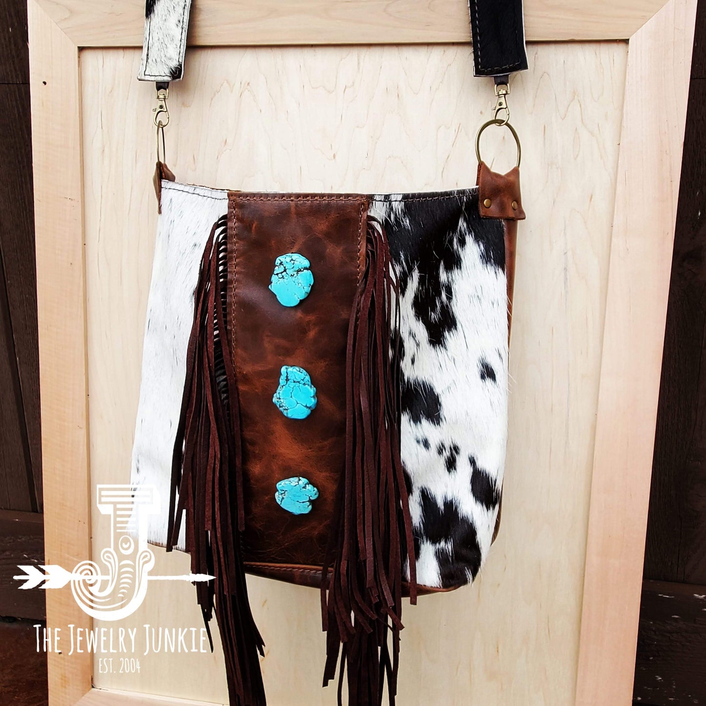 Tejas Leather Bucket Handbag w/ Brown Fringe & Turquoise Slabs 505p