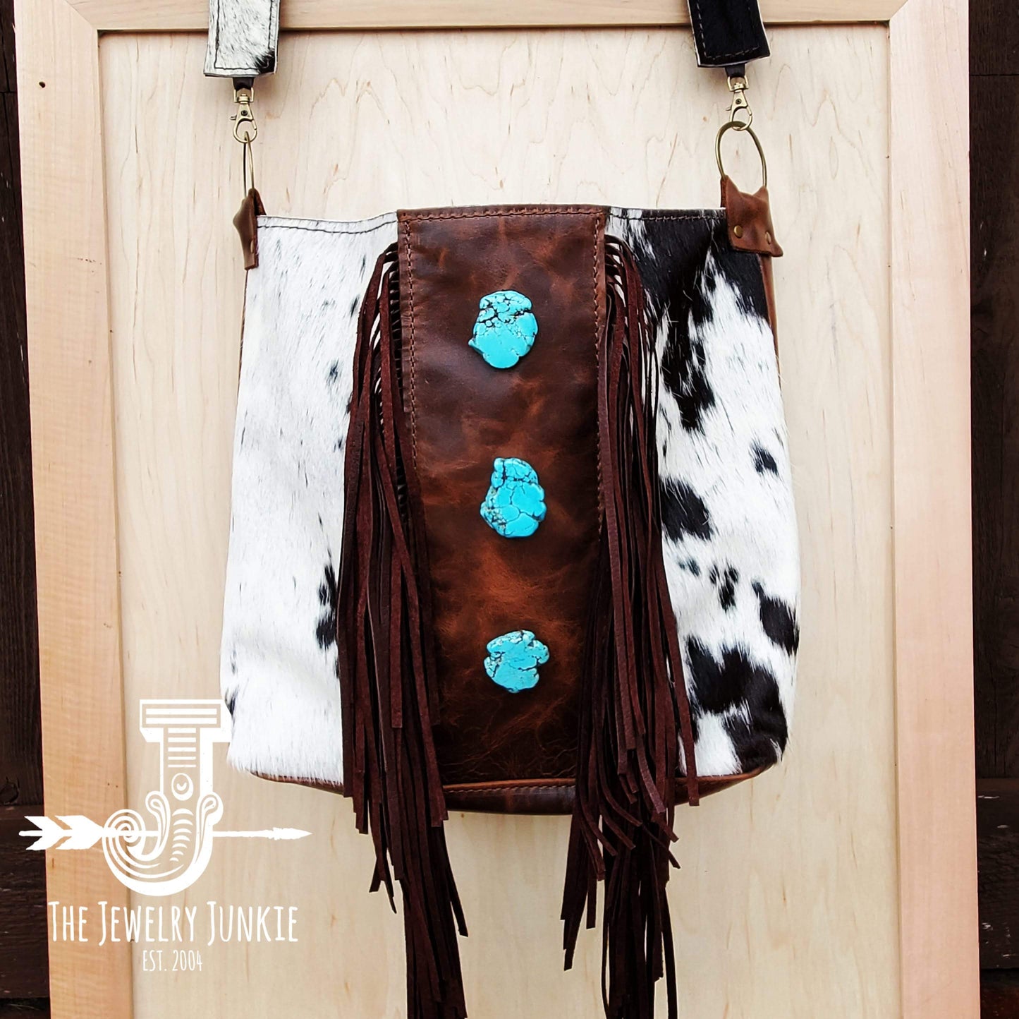 Tejas Leather Bucket Handbag w/ Brown Fringe & Turquoise Slabs 505p