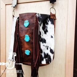 Tejas Leather Bucket Handbag w/ Brown Fringe & Turquoise Slabs 505p