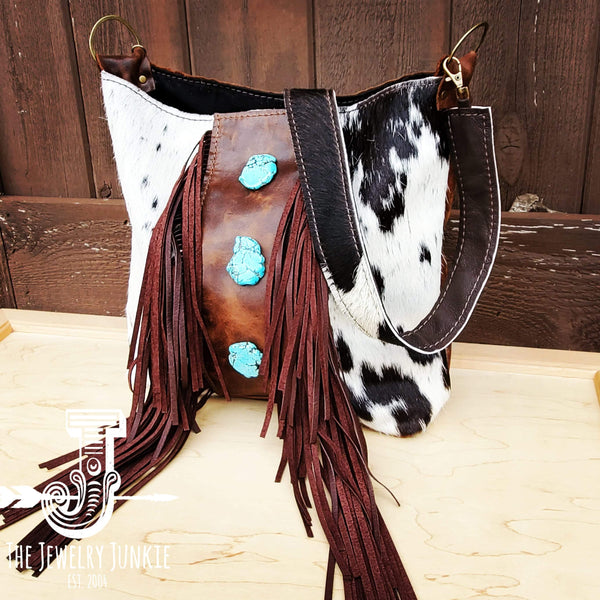 Tejas Leather Bucket Handbag w/ Brown Fringe & Turquoise Slabs 505p