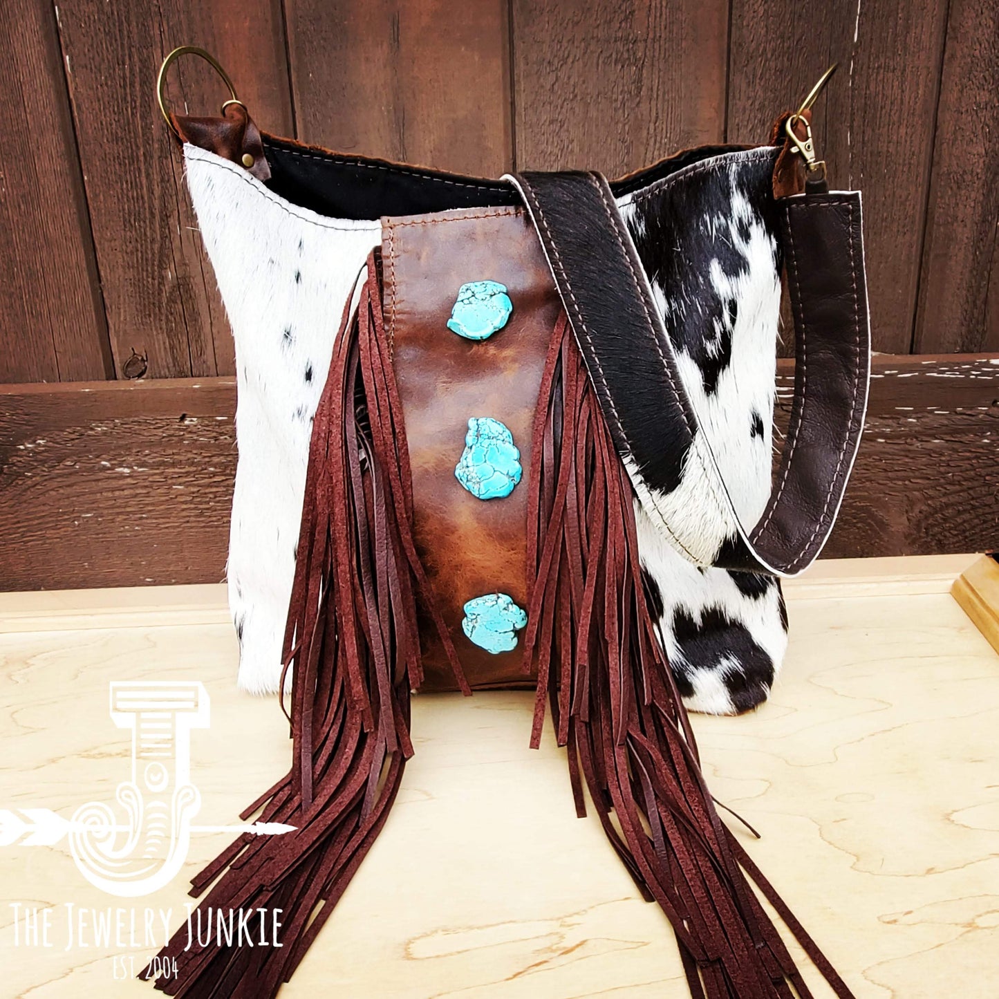 Tejas Leather Bucket Handbag w/ Brown Fringe & Turquoise Slabs 505p