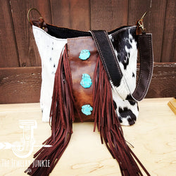 Tejas Leather Bucket Handbag w/ Brown Fringe & Turquoise Slabs 505p