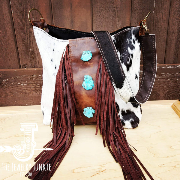 Tejas Leather Bucket Handbag w/ Brown Fringe & Turquoise Slabs 505p