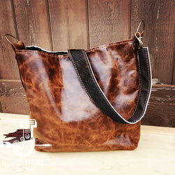 Tejas Leather Bucket Handbag w/ Brown Fringe & Turquoise Slabs 505p