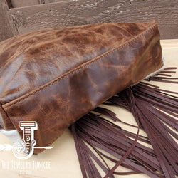 Tejas Leather Bucket Handbag w/ Brown Fringe & Turquoise Slabs 505p