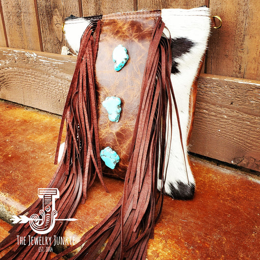 Crossbody Handbag w/ Brown Fringe & Turquoise Slabs 505q