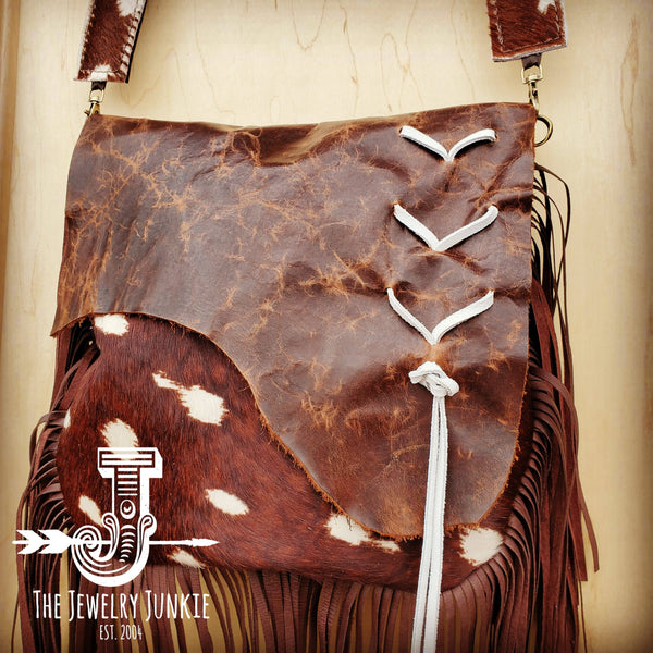*Hair on Hide Deer Axis Print Handbag w/ Flap and Braid Accent 505z
