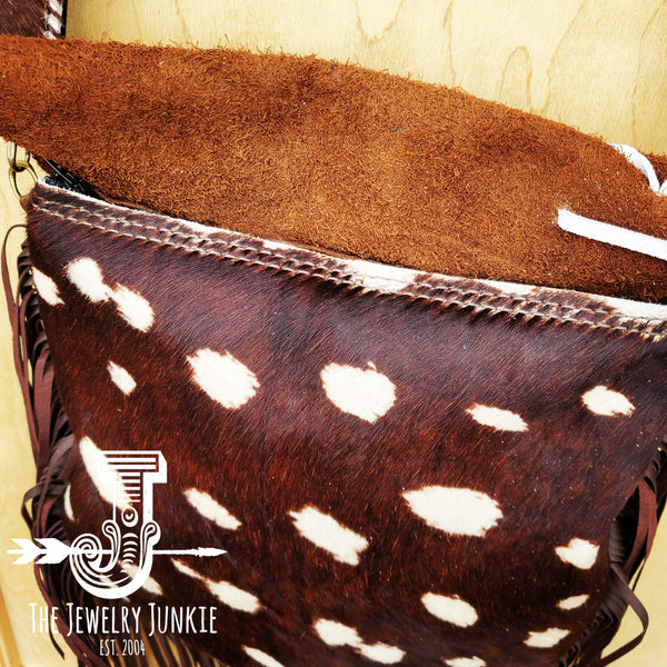 *Hair on Hide Deer Axis Print Handbag w/ Flap and Braid Accent 505z