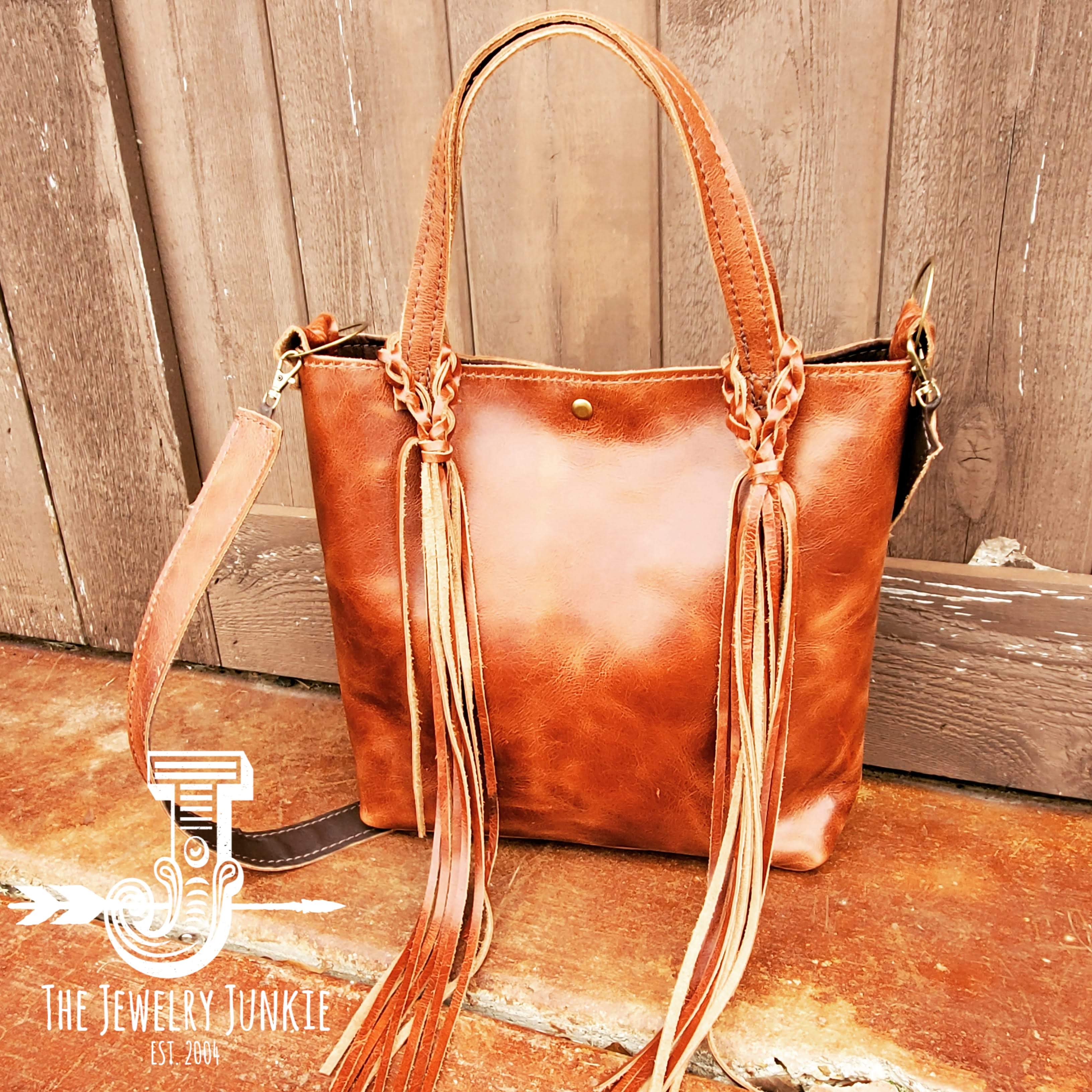 Genuine Leather Bucket Handbag with Braided Tassel Fringe - Brown - 4171