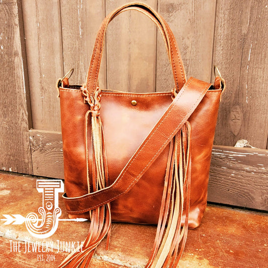 Genuine Leather Bucket Handbag w/ Braided Tassel Fringe 505v