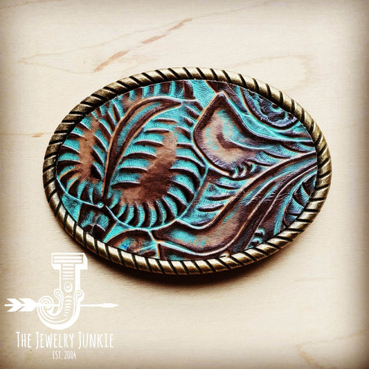 Rope Edge Turquoise Floral Leather Belt Buckle