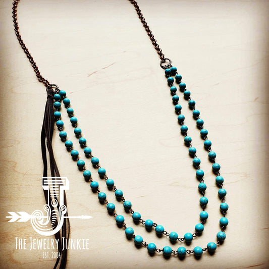 Double Strand Long Blue Turquoise Necklace w/ Leather Tassel 252d