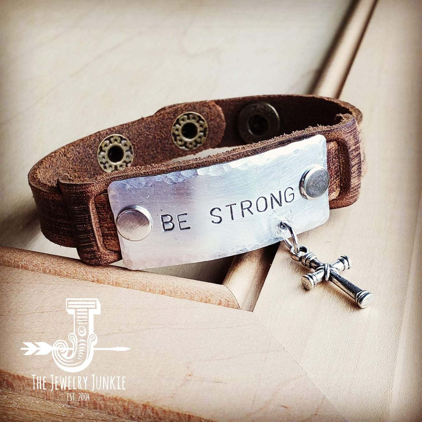 Be Strong Hand Stamped Leather Cuff 002z