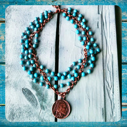 Blue Turquoise Collar-Length Necklace with Indian Head Coin 114E - The Jewelry Junkie